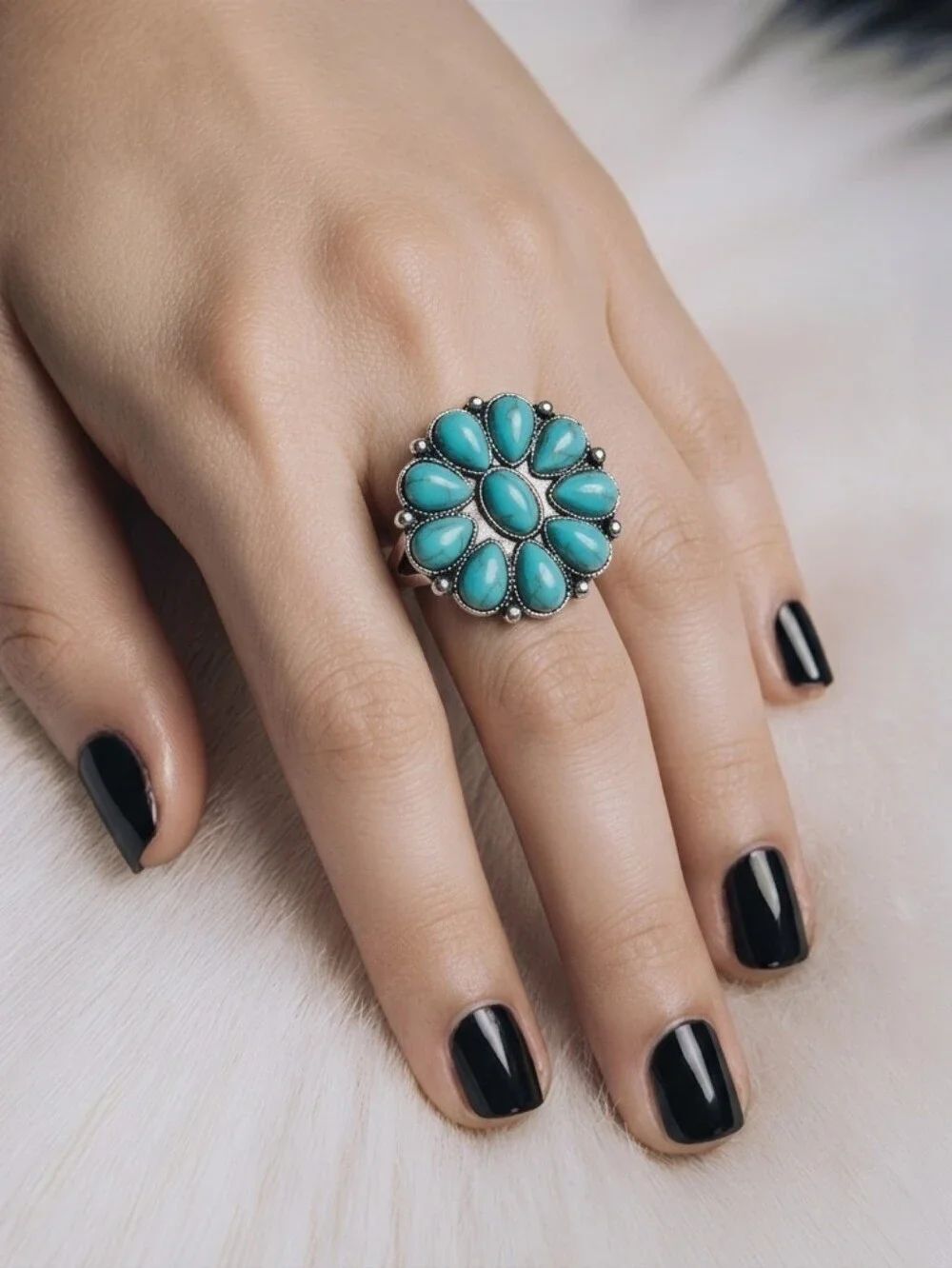 Turquoise Flower Cluster Ring Adjustable Silver Western Boho Statement Size 8